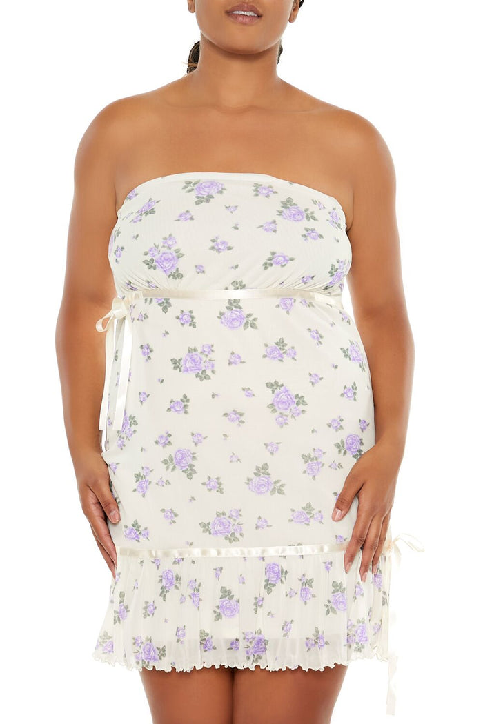 Plus Size Floral Bow Tube Mini Dress