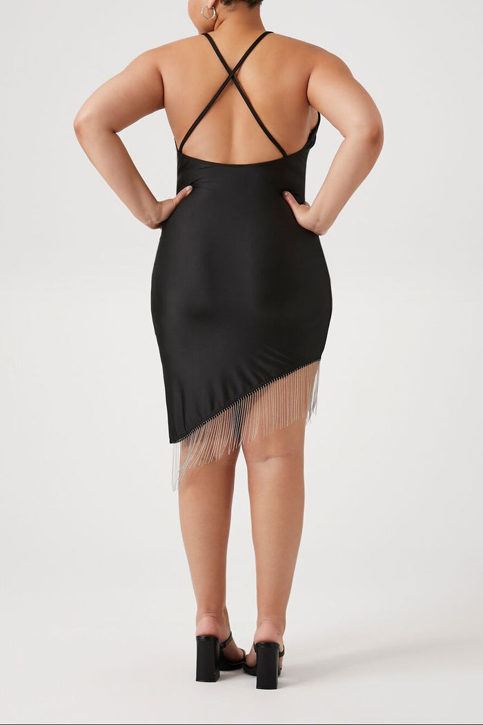 Plus Size Satin Asymmetrical Fringe Dress