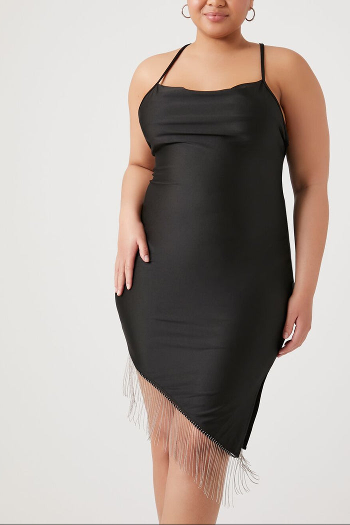 Plus Size Satin Asymmetrical Fringe Dress