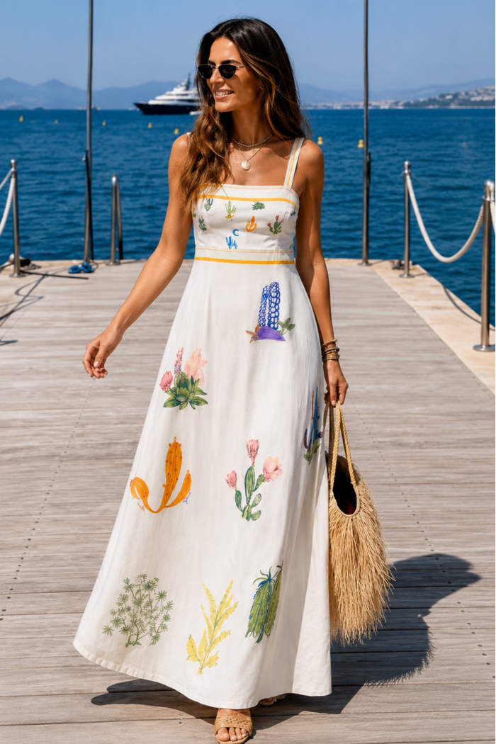 Model wearing the Pranella Cactus Cream Dress featuring colorful cactus prints and delicate straps, shop Pranella at Dotique for stylish summer looks.