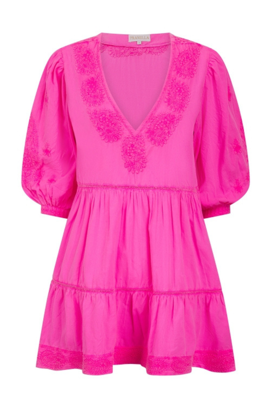 Bright neon fuchsia mini dress with embroidered balloon sleeves and a flattering V-neck. Easy, throw-on style with beautiful movement. Shop at Dotique.