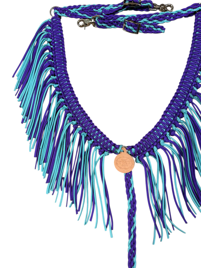 Purple and turquoise fringe breast collar