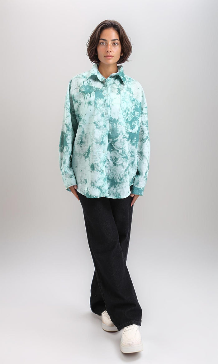 R204839 - Long Sleeves Tie Dye Relaxed Shirt - Jade Green