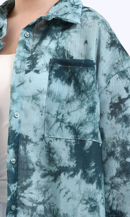R204842-Long Sleeves Tie Dye Relaxed Shirt - Forest Green