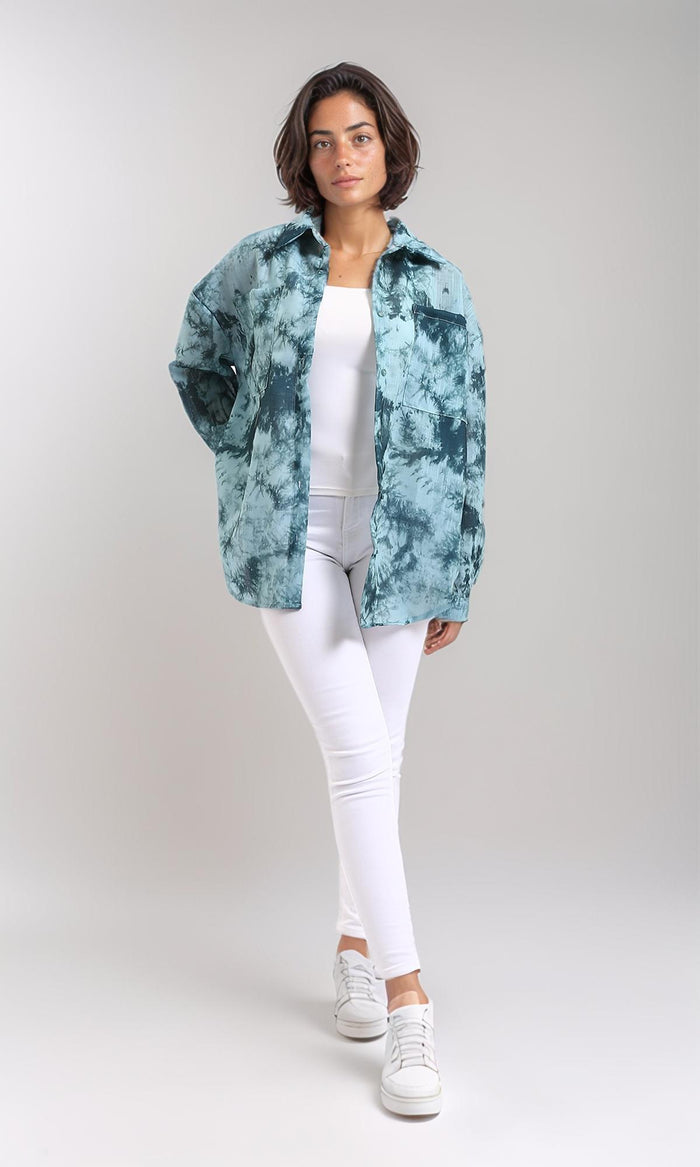 R204842-Long Sleeves Tie Dye Relaxed Shirt - Forest Green