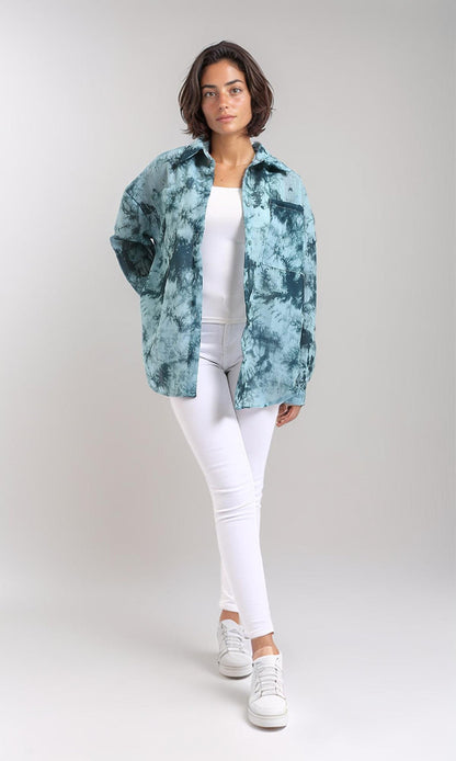 R204842-Long Sleeves Tie Dye Relaxed Shirt - Forest Green