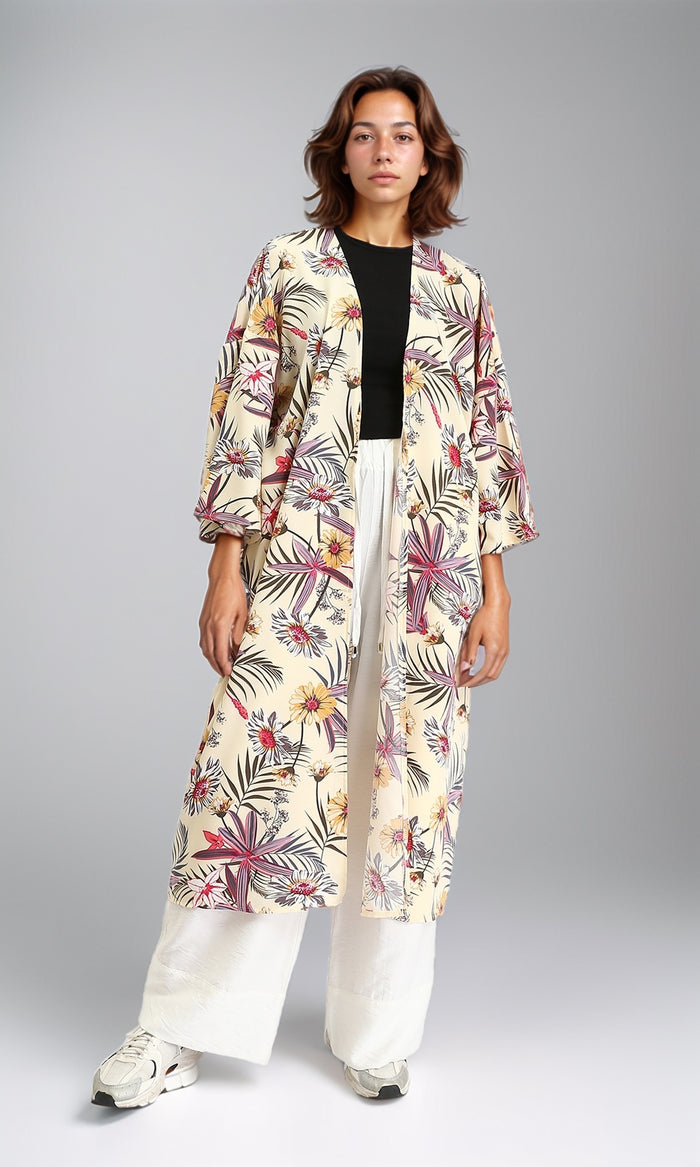 R204860 - Floral Slip On Long Cardigan - Light Yellow & Red