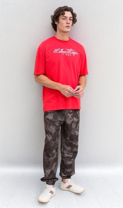 R205816 - Graphic Printed Oversized T-Shirt - Red