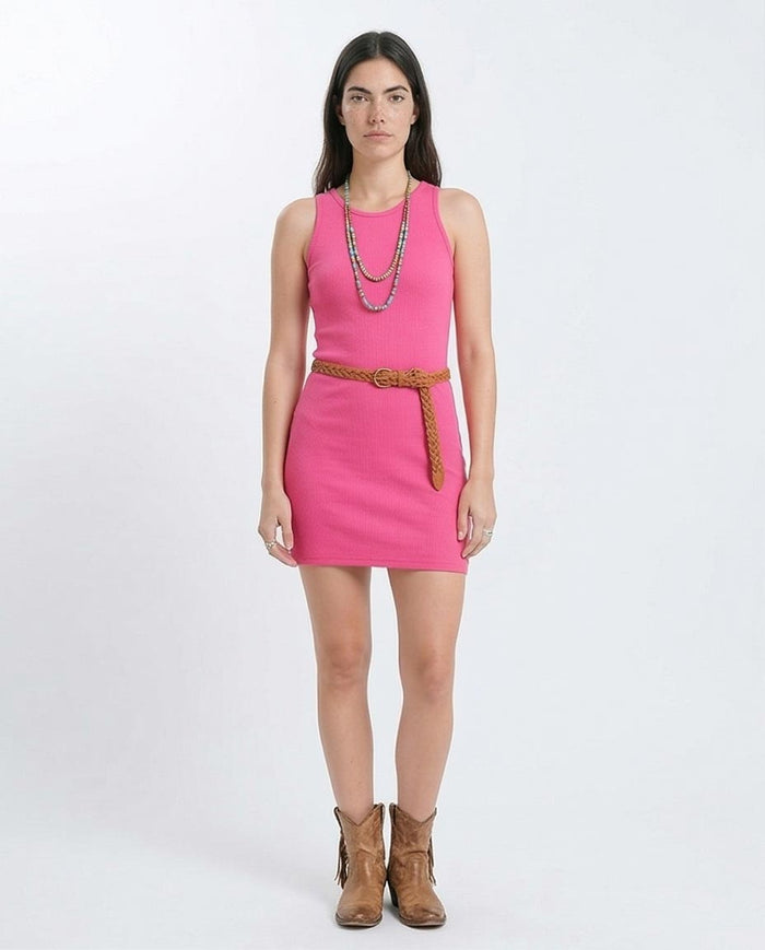 Ribbed Sleeveless Bodycon Short Dress - Hot Pink