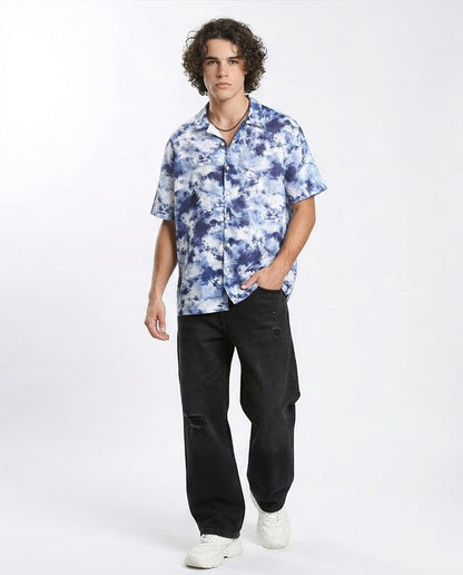Ravin Blue Cloud-Wash Short Sleeve Resort Shirt- Navy Blue & Light Blue - R204710