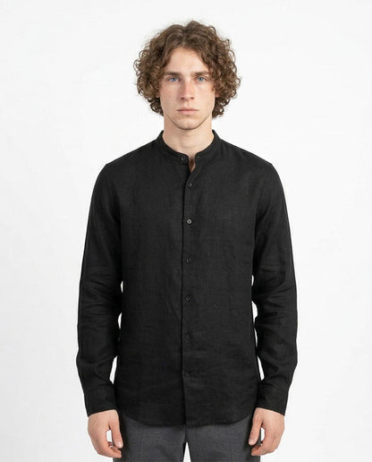 Ravin Men's Band Collar Textured Linen-Look Long Sleeve Shirt - Black - R204678