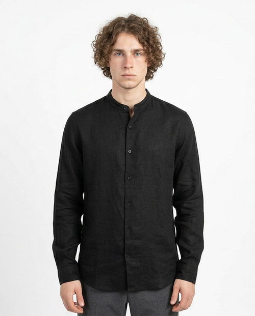 Ravin Men's Band Collar Textured Linen-Look Long Sleeve Shirt - Black - R204678