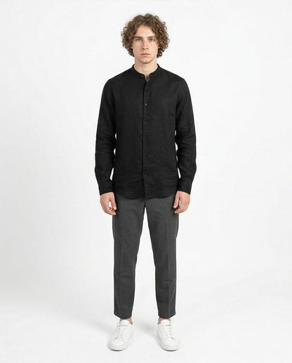 Ravin Men's Band Collar Textured Linen-Look Long Sleeve Shirt - Black - R204678