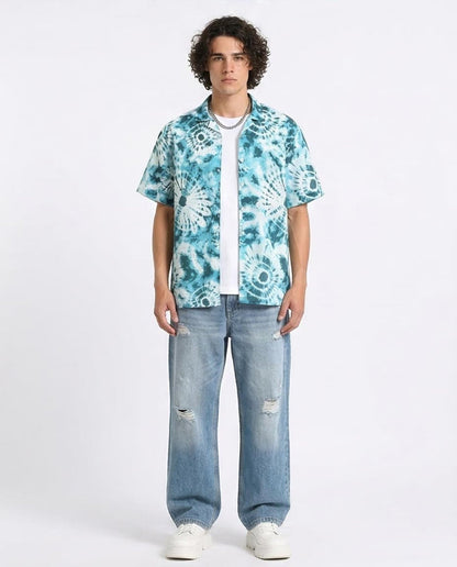 Ravin Men’s Shibori Sunburst Relaxed Camp Collar Shirt – Turquoise/White - R204712