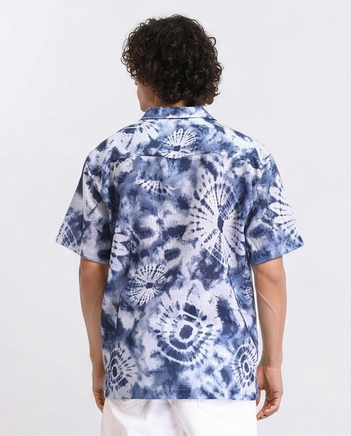RAVIN Men’s Shibori Sunburst Relaxed Fit Camp Collar Shirt – Indigo Tie-Dye - R204706