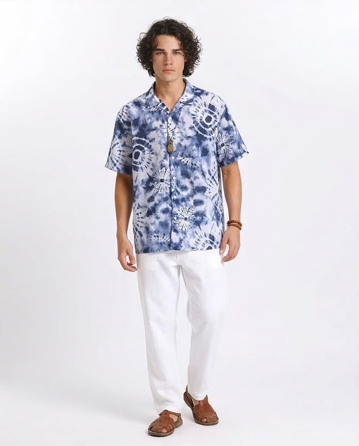 RAVIN Men’s Shibori Sunburst Relaxed Fit Camp Collar Shirt – Indigo Tie-Dye - R204706