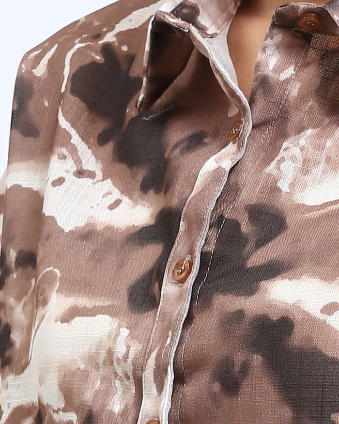 Ravin Women’s Abstract Earth-Tone Marble Print Button-Down Shirt – Craft Romantic Edition - Brown & Light Coffee - R204847