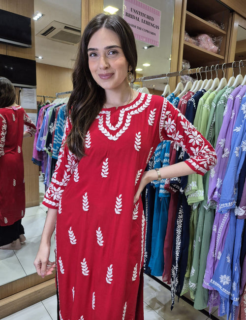 Red embroidered kurti shop new arrivals