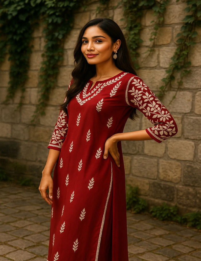Red chikankari kurti online shopping