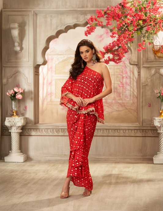 Red chinon one shoulder top with pleated skirt