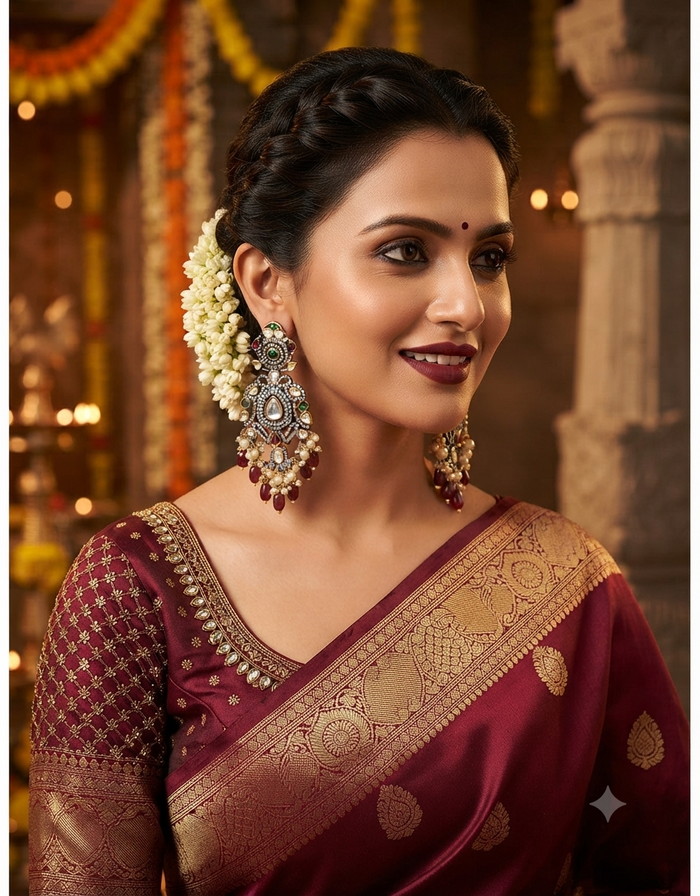 A woman wearing a deep maroon silk saree with a wide gold zari border and matching embroidered blouse, styled with traditional Indian jewelry and white flower hair ornaments, set against a softly blurred temple interior.