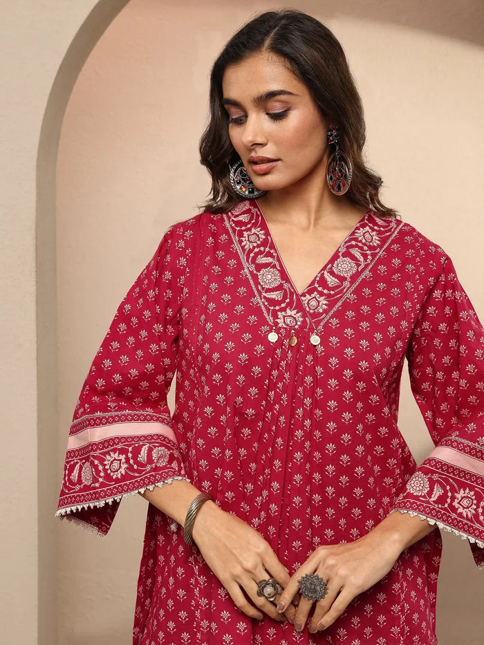 Red Printed Cotton A-Line Short Kurti