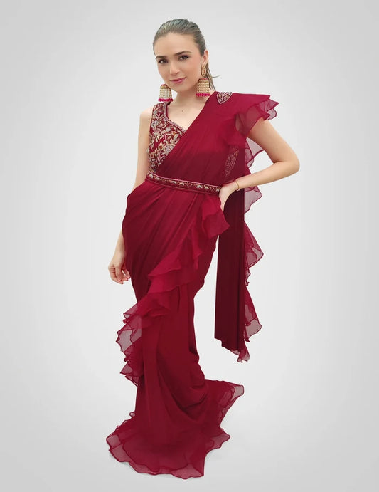 Red Ruffled Saree