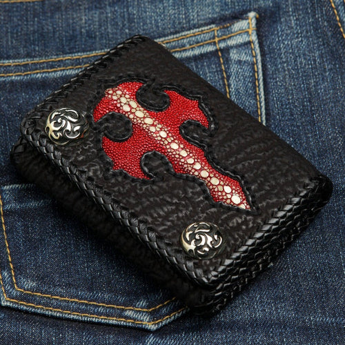 Red stingray leather gothic cross biker wallet with sterling silver hardware front view