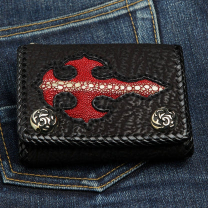 Handcrafted black leather biker wallet featuring exotic red stingray cross inlay detail