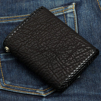 Premium black leather biker wallet back view showing plain handcrafted construction