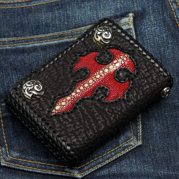 Gothic cross leather wallet with 925 sterling silver flame design snaps corner view