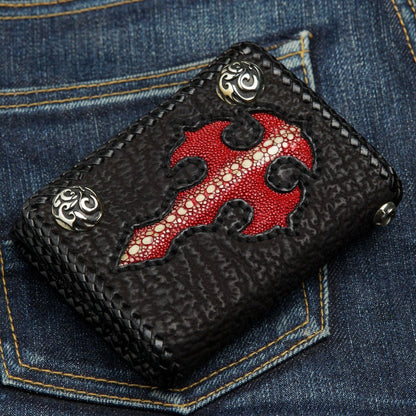 Gothic cross leather wallet with 925 sterling silver flame design snaps corner view