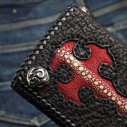 Motorcycle rider wallet with red stingray leather gothic cross shown at angle