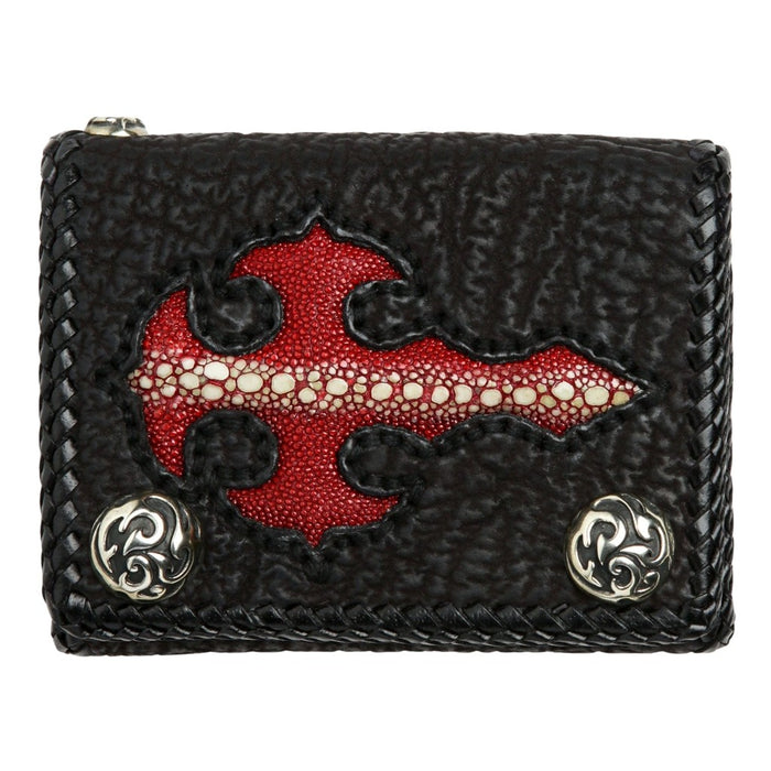 Rock style leather wallet front view displaying stingray cross and flame silver snaps.