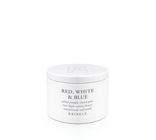 Kringle Candle small tin labeled 'Red, White & Blue' on a white background