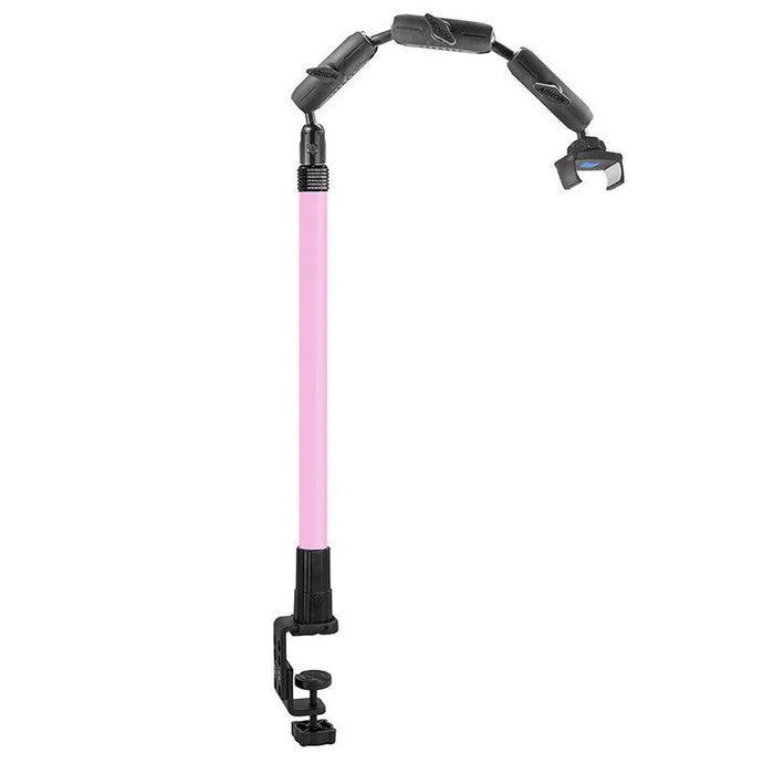 The Remarkable Creator™ Pro Stand with Clamp Base and Pink Extension Pole is a flexible, adjustable black and pink phone holder that attaches to desks or tables—ideal as an overhead mount for hands-free video recording.