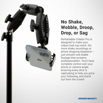 The Remarkable Creator™ Pro Stand with Clamp Base and Teal Extension Pole securely holds your device, making it ideal for stable, professional vlogging. It prevents shake or sag for smooth shots. Arkon Mounts logo appears at the bottom.