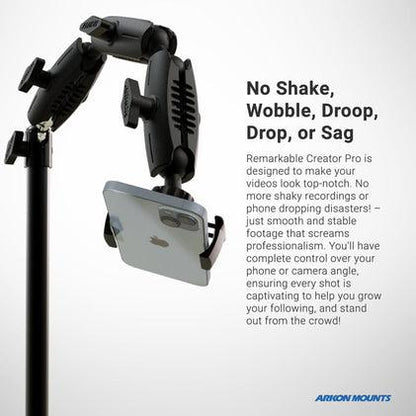 The Remarkable Creator™ Pro Stand with Clamp Base and Teal Extension Pole securely holds your device, making it ideal for stable, professional vlogging. It prevents shake or sag for smooth shots. Arkon Mounts logo appears at the bottom.