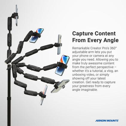 The Remarkable Creator™ Pro Stand with Clamp Base and Teal Extension Pole features a flexible, segmented arm for 360° phone adjustability—perfect for vlogging from all angles. Highlights focus on its versatility, with Arkon Mounts branding at the bottom.