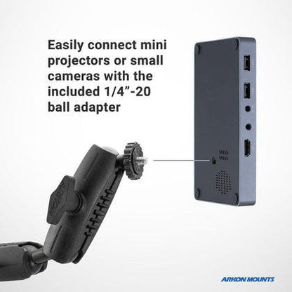 A close-up of a mounting arm with a 1/4-20 ball adapter aligning to a mini projector or camera, showing use with the Remarkable Creator™ Pro Stand with Clamp Base and Teal Extension Pole for extra stability and versatility.