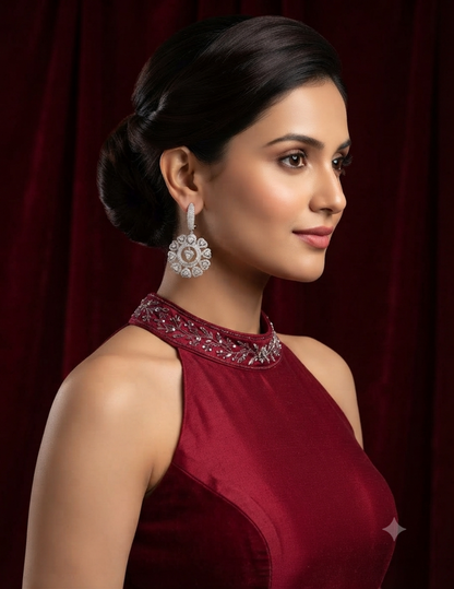 A woman in profile wearing a deep maroon sleeveless gown with a heavily embellished crystal and bead choker, paired with a matching crystal drop earring, set against a dark red velvet curtain background.