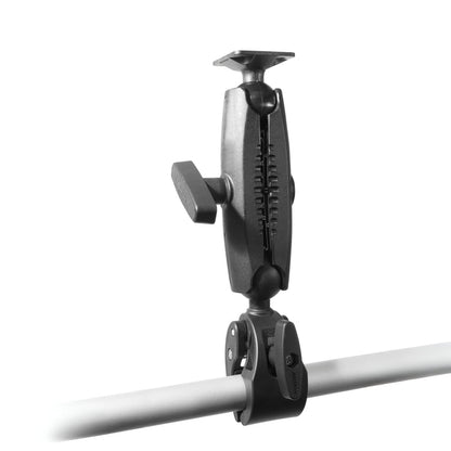 The RoadVise® Clamp Mount with AMPS Mounting Plate and 5.75” Arm, in black, is securely clamped to a horizontal metal pole with a tightening knob against a white background.