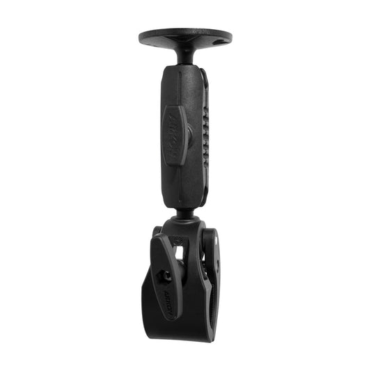 The RoadVise® Clamp Mount with Circular Mount Plate features a black adjustable arm and pivot, offering secure device mounting and easy angle adjustments for versatile use.