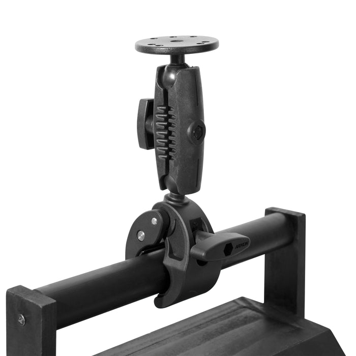 The RoadVise® Clamp Mount with Metal Circular Mount Plate features a black adjustable clamp, pivoting arm, and circular plate on top, offering a versatile mounting solution for various setups.