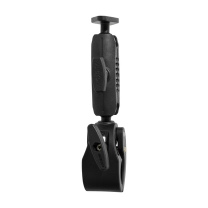 The RoadVise® Clamp Mount with Metal Diamond Mounting Pattern is a black adjustable clamp with a cylindrical arm, designed for securely attaching cameras or accessories to handlebars or poles. Compatible with diamond mount plate systems.