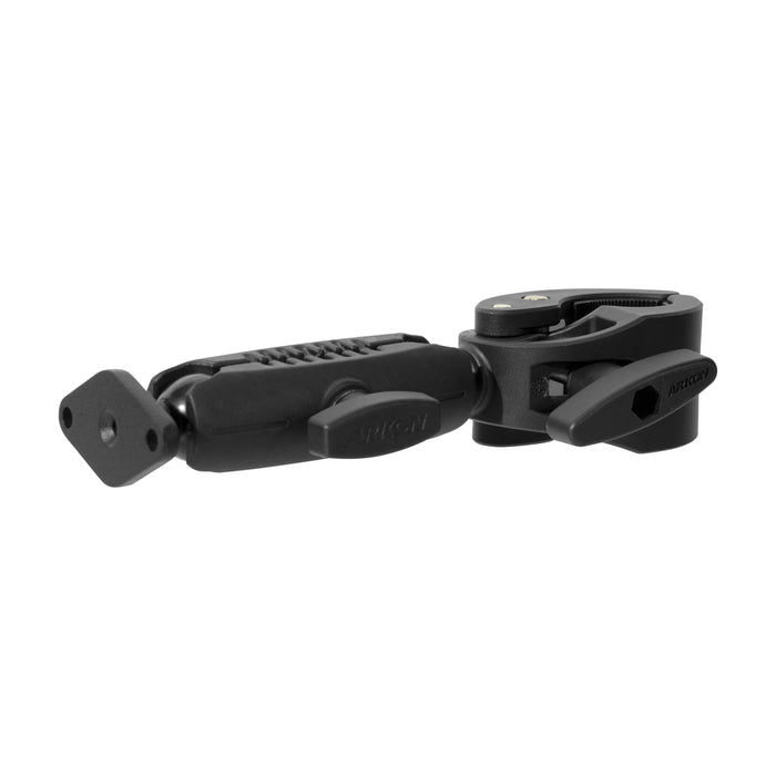 The RoadVise® Clamp Mount with Metal Diamond Mounting Pattern is a black adjustable clamp mount, featuring a clamp on one end and a metal diamond mounting plate on the other, ideal for attaching accessories to various surfaces or equipment.