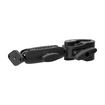 The RoadVise® Clamp Mount with Metal Diamond Mounting Pattern is a black adjustable clamp mount, featuring a clamp on one end and a metal diamond mounting plate on the other, ideal for attaching accessories to various surfaces or equipment.