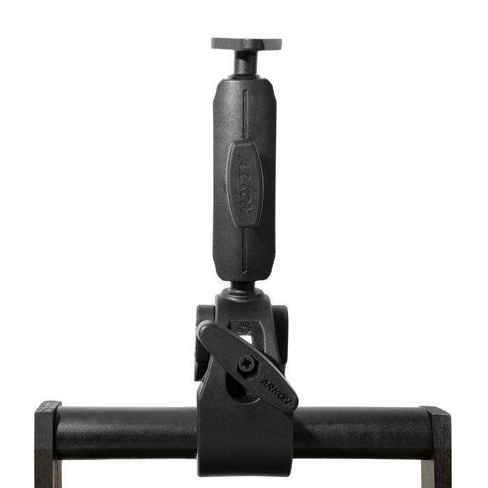 The black, adjustable RoadVise® Clamp Mount with Metal Diamond Mounting Pattern and a tightening knob is attached to a horizontal metal bar, displaying ARKON branding on its body against a white background.