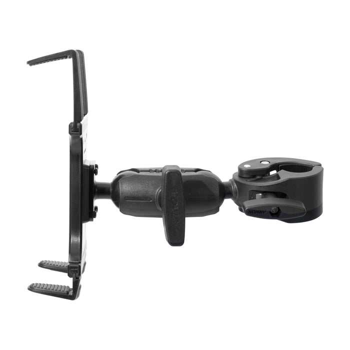 The RoadVise Clamp Mount with Slim-Grip® Tablet Holder and Shaft Arm Extension features a black adjustable clamp on one end and a flat, ridged platform to securely hold your tablet. Side view shown on a white background.
