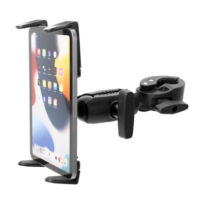 A tablet is secured in the RoadVise Clamp Mount with Slim-Grip® Tablet Holder and Shaft Arm Extension, a black adjustable mount ideal for desks or poles. The tablet’s screen displays app icons.
